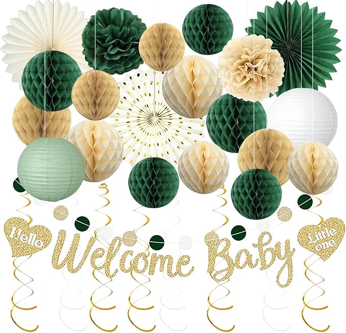 Sage Green Baby Shower Decorations Boy, Pre-Strung Welcome Baby Sign with Honeycomb Balls, Paper Flowers, Lanterns, Fans, Hanging Swirls, Circle Dots Garland for Boy Baby Shower Decorations 24pcs