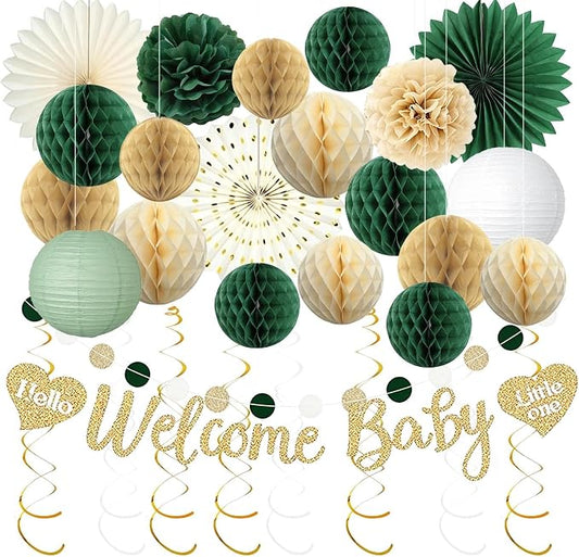 Sage Green Baby Shower Decorations Boy, Pre-Strung Welcome Baby Sign with Honeycomb Balls, Paper Flowers, Lanterns, Fans, Hanging Swirls, Circle Dots Garland for Boy Baby Shower Decorations 24pcs