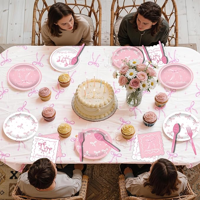266Pcs Pink Bow Party Birthday Decorations - Party Supplies Included Foil Fringe, Banner, Tablecloth, Hanging Swirls, Cupcake Toppers, Tableware, Paper Towel, Latex and Love Heart Balloons (Pink Bow)