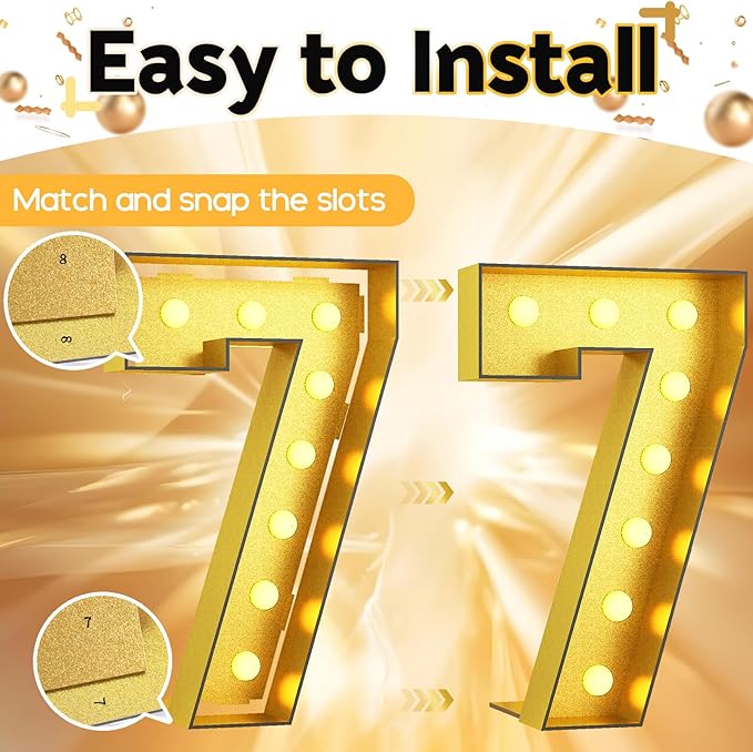 Light Up Number 7, Marquee Light Up Numbers Gold 4FT, Large Led Numbers Lights for 7th Birthday, 4 Feet Tall DIY Frame Pre-Cut Foam Board Kit for Night Light Party Anniversary Decorations