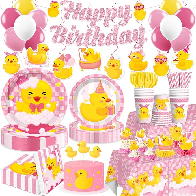 215PCS Pink Duck Birthday Decorations Tableware Set, 25 Serves Disposable Plates and Napkins Set, with Candles, Centerpieces, Banner, Tablecloth, for Duck Party Decorations