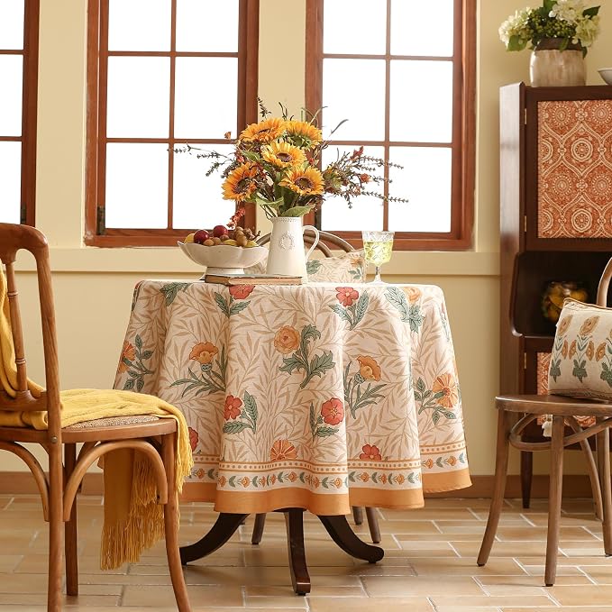 patdrea Vintage Linen Tablecloth,Round,Diameter 55"-RosaSilvestre A | French Heavyweight Table Cloth for Round Table,Yellow Floral Patterned,Dining Room Kitchen Tea Party Decoration