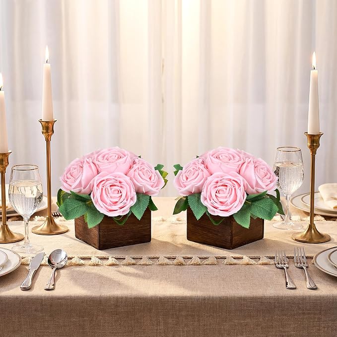 Dining Table Centerpiece Set of 6 - Pre-Made Aritifial Rose with Wooden Vase Fake Floral Arrangment Faux Flower for Wedding Bridal Tea Party Event Decorations - Pink