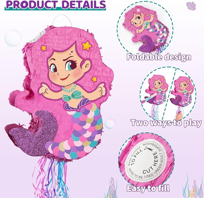 WERNNSAI Foldable Mermaid Piñata - Pull String Mermaid Birthday Party Supplies with Blindfold Bat and Tassels Party Decoration Folding Girl Piñatas for Game