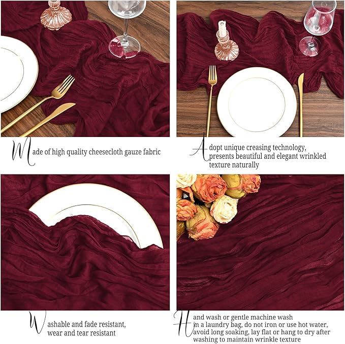 24 Pack Burgundy Table Runner 10Ft Cheesecloth Table Runner Rustic Gauze Table Runners Romantic Long Sheer Fabric Cheese Cloth Table Runners for Wedding Party Bridal Baby Shower