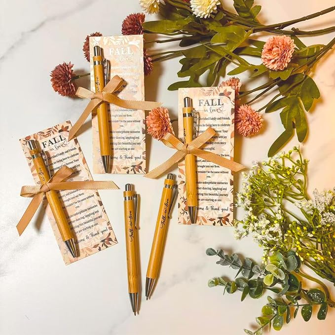 52 Packs Wedding Thank You Gifts for Guests Fall in Love Bamboo Pens Sets with Thank You Tags Autumn Wedding Give Away Bridal Shower Favors Bulk for Women