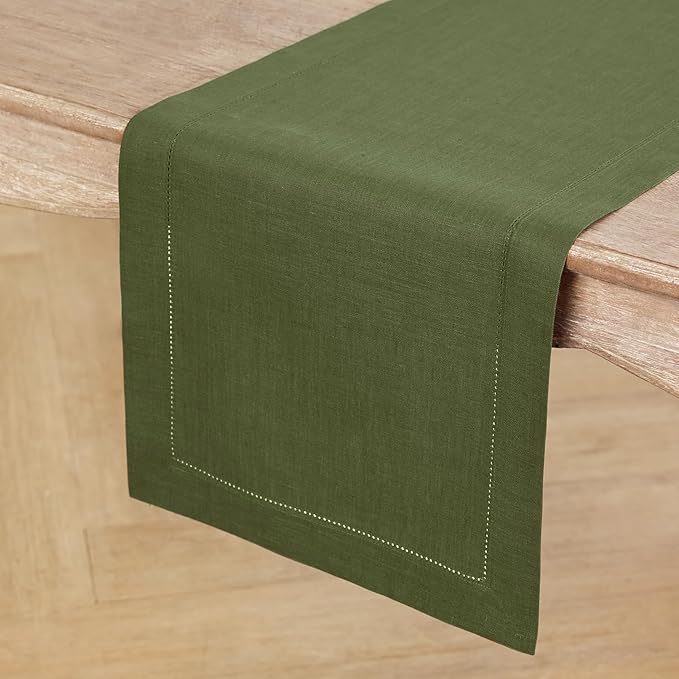 Solino Home Linen Olive Table Runner 90 Inches Long - 100% Pure Linen 14 x 90 Inch Table Runner - Classic Hemstitch