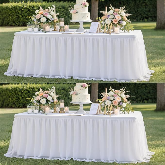 leegleri 2 pk White Tulle Tablecloths for 6 Foot Rectangle Tables, Floor Length 2-in-1 Tulle Table Cover with Draped Skirt,Wrinkle Free Stretchy Fitted Table Clothes 6ft for Wedding Party Decor