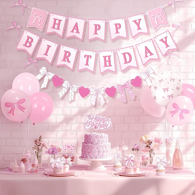 154 pcs Coquette Birthday Decorations,Pink Bow Decorations for Women,Happy Birthday Banner For Girl,Pink and White Balloon Arch Kit with Tablecloth Backdrop Cake Topper