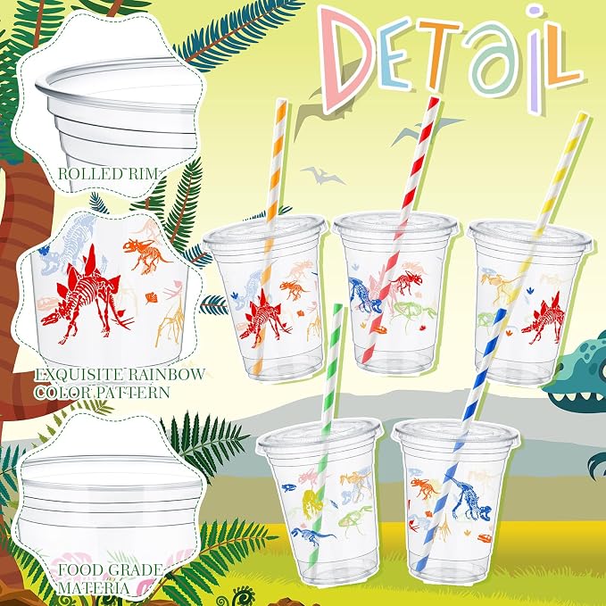 FoldTier 50 Pcs Dinosaur Cups for Kids 12 oz Disposable Plastic Cups with Straws and Lids Dinosaur Clear Cup Birthday Party Cups Supplies for Kids Birthday Table Decorations Party Favor