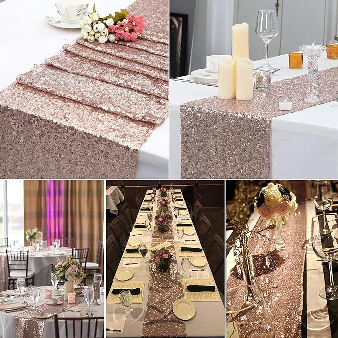 JYFLZQ Rose Gold Sequin Table Runner 12"x72" 10 Packs Glitter Table Runners Sparkly Sequin Runners for Wedding Birthday Party Decorations