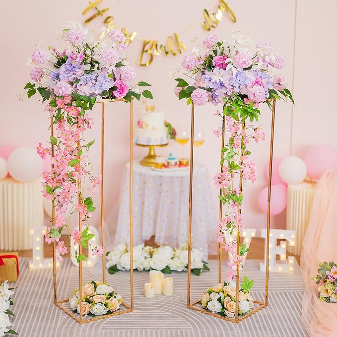 Gold Tall Stand for Wedding: 39.4in, With Metal Panel, Packs of 2 | Columnar Cube Shape, Easy to Assembly, Flowers Cakes Drinks Display Table Centerpieces for Wedding Party Event