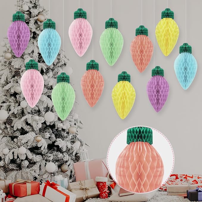 12 Pcs 12" Jumbo Pastel Christmas Light Honeycomb Hanging Decorations 3D Large Light Bulb Shaped Xmas Assorted Colors Honeycomb Ornament for Christmas Classroom Decor
