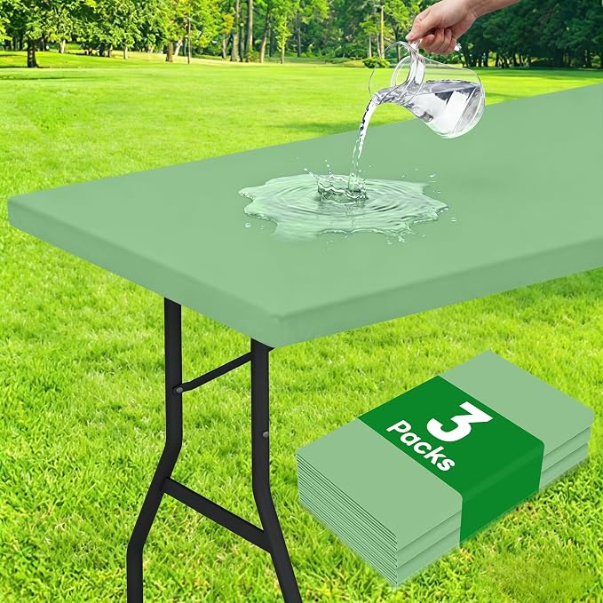 Smiry 3 Pack Rectangle Table Cloth, Elastic Fitted Flannel Backed Vinyl Tablecloths for 6ft Folding Tables, Waterproof Wipeable Table Covers for Outdoor, Camping and Picnic (Sage Green, 30"x72")