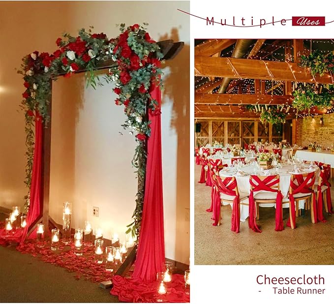 24 Pack Christmas Table Runner 10FT Red Cheesecloth Table Runner 35 x 120 Inch Long Semi-Sheer Gauze Fabric Boho or Rustic Wedding Table Decor for Bridal Shower Baby Shower Holiday Party