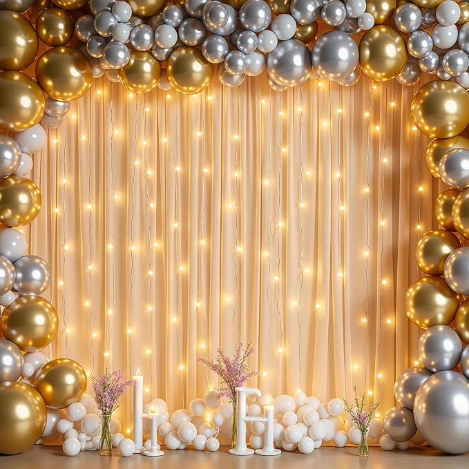 Dark Champagne Backdrop Curtains with Lights for Parties,10x10FT Wrinkle Free Polyester Wedding Photo Backdrop Curtains for Baby Shower Birthday Ceremony Reception Home Party Decorations-5ft x 10ft