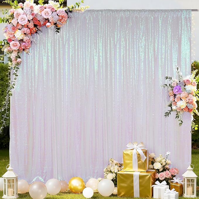 SquarePie 20x10ft Iridescent Sequin Backdrop for Photography, Satin-Backed Real Sequin Curtain, Enhanced Coverage Shimmering Background with 4" Rod Pocket for Wedding, Birthday, Party Decor, 1 Panel