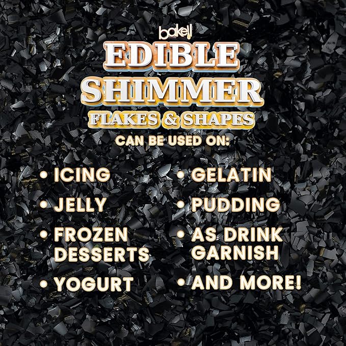 BAKELL Edible Glitter Flakes | Vegan Black Edible Shimmer Flakes | KOSHER Certified | Halal Certified | 100% Edible & Food Grade | Cakes, Cupcakes, Decoration (Black, 45g)