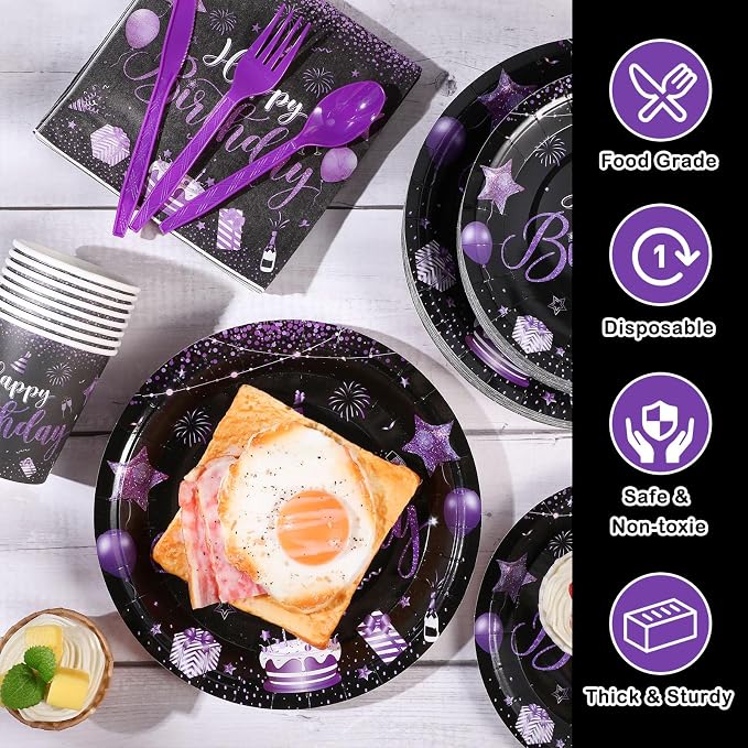 Vesici 350 Pcs Happy Birthday Party Supplies Disposable Party Tableware Set Serves 50 Included Plates Napkins Cups Cutlery for Men Woman 50th 80th Birthday Party Decorations (Black Purple)