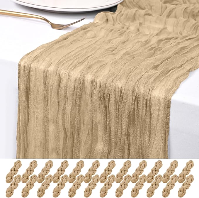 24 Pack Beige Cheesecloth Table Runner 120 inch Fall Thanksgiving Boho Rustic Gauze Farmhouse 10FT Cheese Cloth Runner for Baby Shower Wedding Party Holiday Home Decor