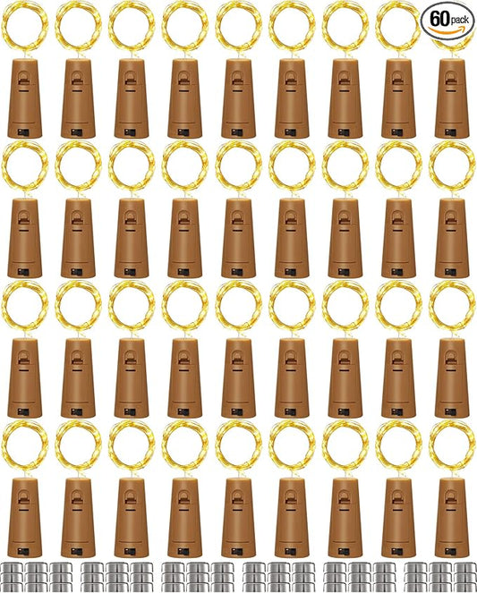 Hortsun 60 Pack Wine Bottle LED Lights with Cork Fairy Mini String Lights Battery Operated Mini Waterproof 7 ft Silver Wire 20 LED Cork Shape for Valentines, DIY, Party, Decor, Wedding (Warm White)