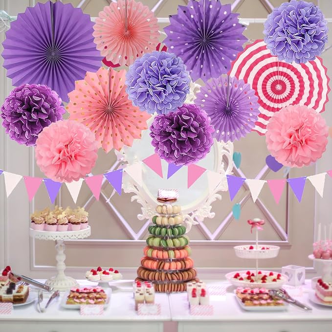 Purple Party Decorations Set Neon Colored Pink and Purple Birthday Party Hanging Paper Fan Tissue Pom Poms Streamers Summer Party Supplies Tassel Garland Banner
