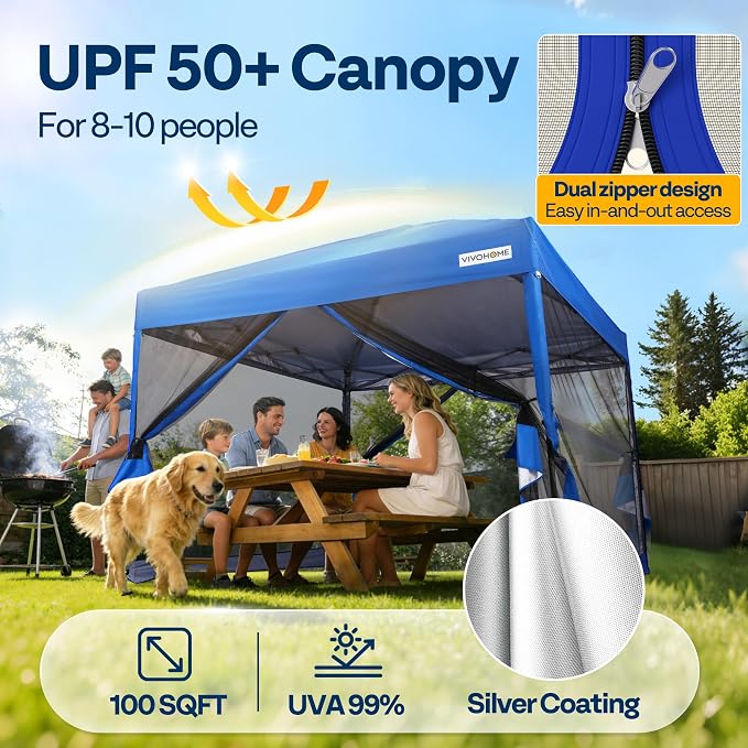VIVOHOME 10x10ft Easy Pop-Up Canopy, Outdoor Screen Tent with Mosquito Netting, 2 Zipper Doors, and Roller Bag for Yard Camping Picnic Party Events, Blue