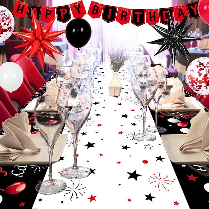 Red and Black Birthday Decorations for Men Women, Red Party Decorations for Boys Girls Happy Birthday Decorations Door Banner, Tablecloth Foil Backdrop Star Balloons for Men Bday Party Supplies