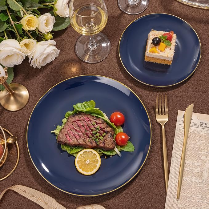 bUCLA 200PCS Blue Plastic Plates - Navy Blue Disposable with Gold Rim Include 100 Each (10 inch Dinner & 7 inch Dessert) Plates, Ideal for Party & 4th of July