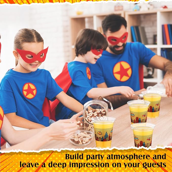 Funnymoom 60 Pack Plastic Hero Cups Comic Hero Birthday Party Decorations 12 oz Boom Pow Crash Zap Disposable Clear Plastic Cups Bulk for Comic Themed Birthday Party Decoration Favor Supplies