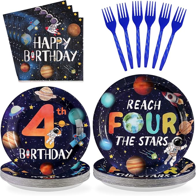 96Pcs Reach Four the Stars Party Supplies Space 4th Birthday Plates and Napkins Disposable Outer Space Theme Tableware Set for Boys Galaxy Astronauts Planet Birthday Party Decorations Serves 24