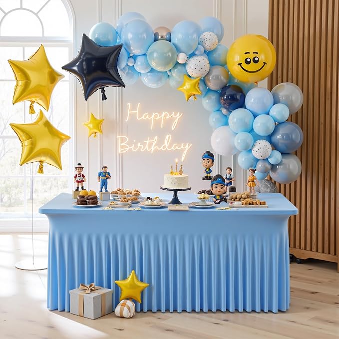 4 pk Baby Blue Spandex Tablecloth 6ft with Ruffle Skirt, Wrinkle Free High Stretch Fitted Tablecloths for 6 Foot Rectangle Tables, Blue Eastic Spandex Table Covers 6ft for Parties Banquet Weddings