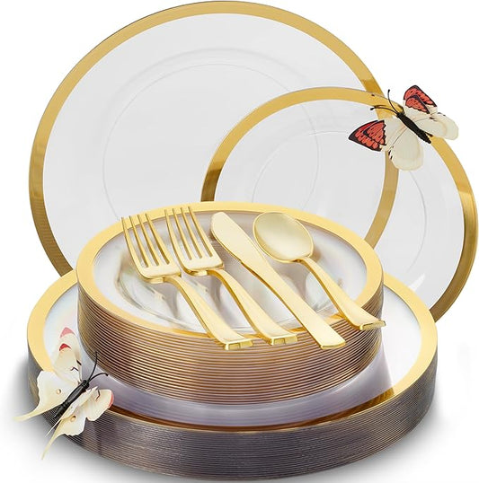 By Madee HEAVYWEIGHT ccear and Gold Trimmed Plastic Plates | Nice Disposable Plates and Cutlery Set | Includes Gift of Dazzling 3D butterflies for table Decor | 150 Pcs for 25 Guests
