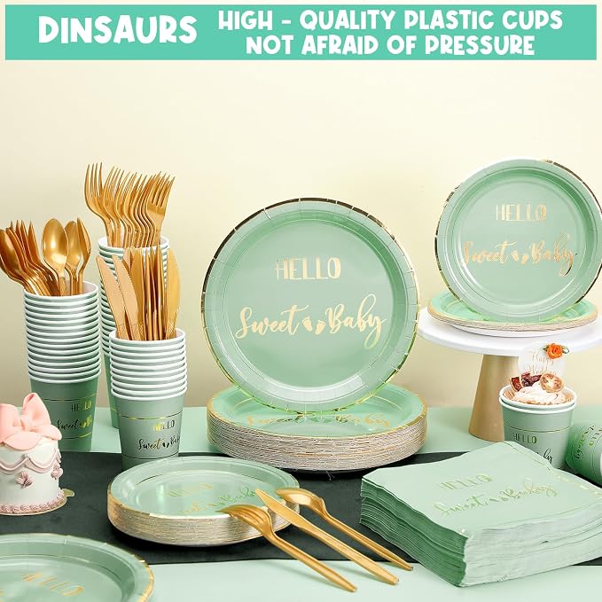400 Pcs Baby Gender Reveal Plates and Cups and Napkins Sets with Forks Spoon Party Supplies Baby Shower Paper Tableware Gender Reveal Decorations Disposable Cutlery, Serves 50(Green,Hello Sweet)