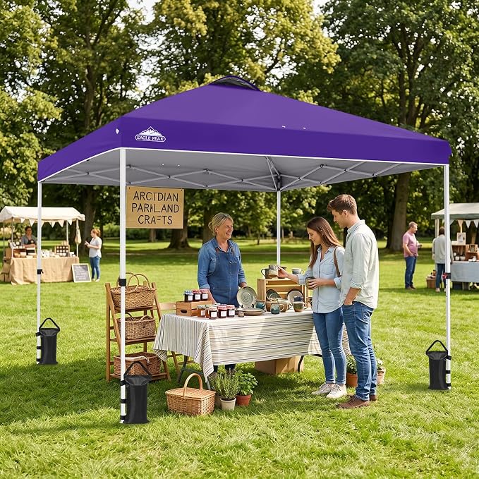EAGLE PEAK Pop Up Canopy Tent with Wheeled Carry Bag, 8 Stakes, 4 Ropes, 4 Weight Bags, Easy Set Up Tent Canopy, 10x10 ft, 100sqft of Shade, Purple