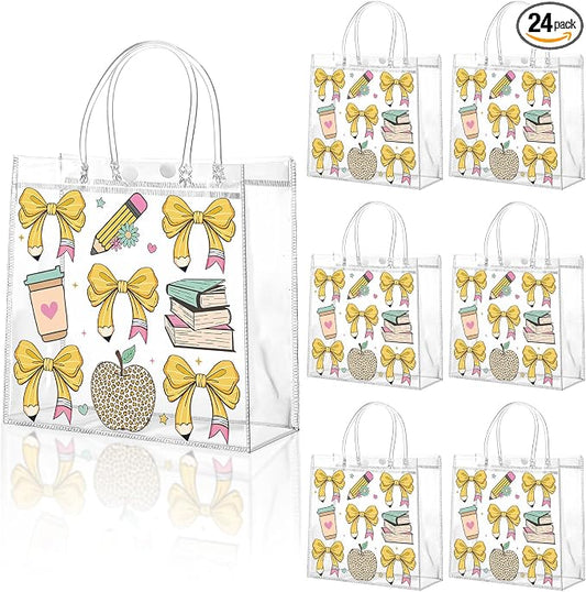 Teenyyou 24 Pcs Back to School Clear Gift Bags with Handles, Cute Bow & Stationery Pattern PVC Gift Bags Reusable Goodie Container for Teacher Appreciation, Birthday Party, Classroom Rewards