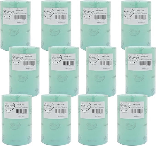 Expo International Decorative Matte Tulle, Roll/Spool of 6” X 100 Yards, Lightweight Polyester Tulle Fabric for Tutus, Costumes, and Party Decorations, Washable, Easy-to-Use, Pack of 12, Aqua Blue
