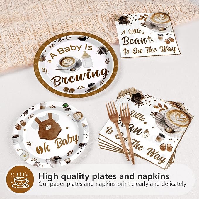Grencian Coffee Baby Shower Decorations - 96Pcs A Baby Is Brewing Baby Shower Plates and Napkins Gender Reveal Disposable Tableware Set for Boys Girls Coffee Themed Party Decorations Serve 24