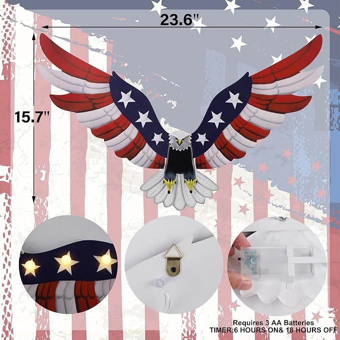 Adroiteet Lighted American Eagle 4th of July 250th Decorations Outdoor with Timer LED Lights Patriotic Metal Wall Art for Golf Cart Indoor Front Door American Flag Eagle Decor, 23.6" x 15.7"