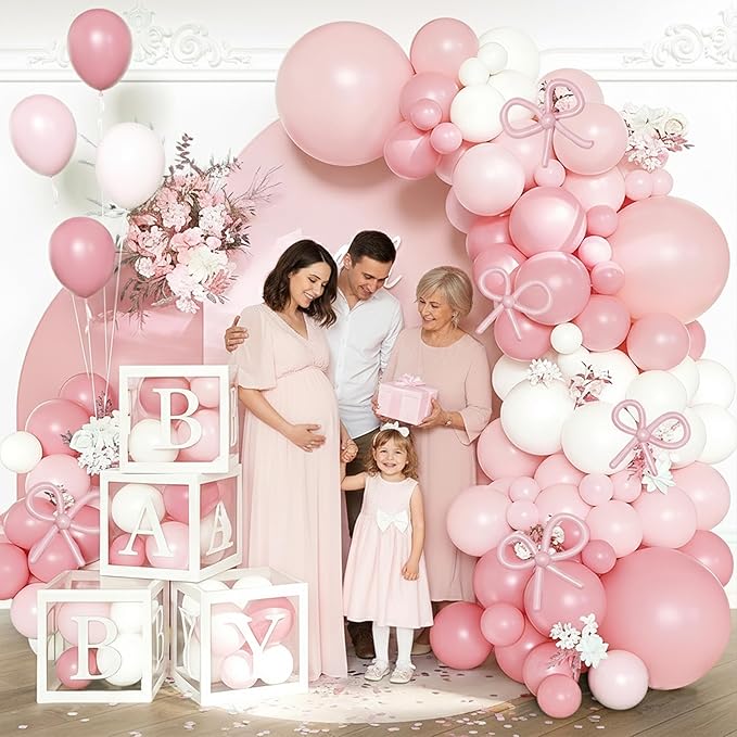 154Pcs Coquette Pink Bow Baby Shower Decorations for Girl - Soft Pink Balloon Arch Garland Kit with 4 Baby Boxes - DIY Long Balloons for Bows, Princess Birthday Party Supplies, Gender Reveal