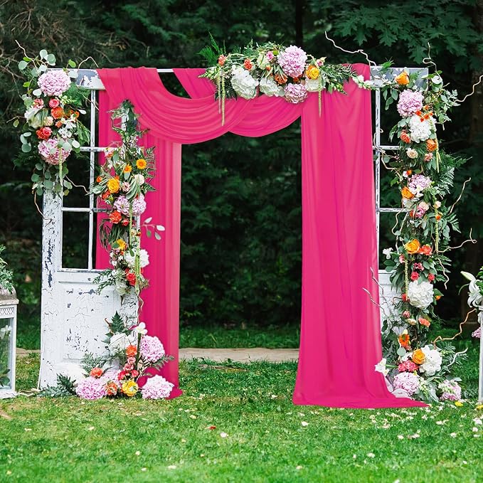 DUOBAO Elegant 20ft Hot Pink Chiffon Wedding Curtains - 6 Panels Sheer Drapes for Stage, Tent, and Photo Backdrops