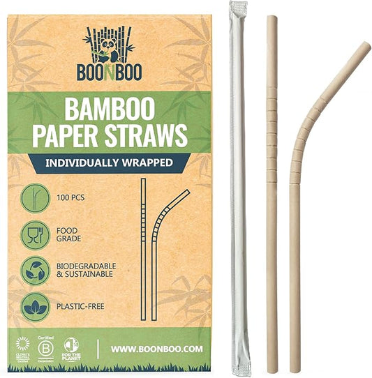 BOONBOO Bamboo Paper Straws, Individually Wrapped, Bendable, PFAS-Free, 100 Counts