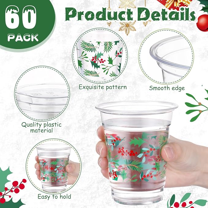 Funnymoom 60 Pack Christmas Plastic Cups 12 oz Seasonal Holly Leaf Disposable Clear Plastic Drinking Cups for Xmas Christmas Winter Holiday Party Decoration Supplies