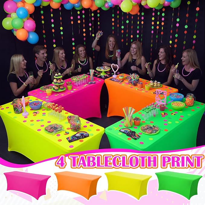 Frienda 4 Pcs Neon Color Tablecloth Stretch Spandex 71 x 30'' Neon Color Table Cloth Rectangle Table Cover for Birthday Banquet Picnic Holiday Party Decorations