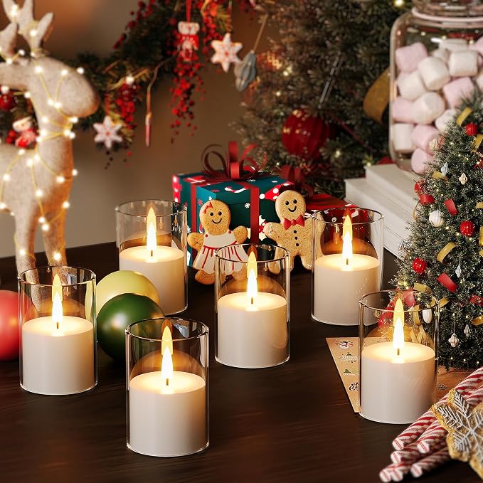 VIODAIM 6Pack Flickering Flameless LED Candles with Remote & Timer, Battery Powered - Small Pillar & Votive, Clear (2"X3")
