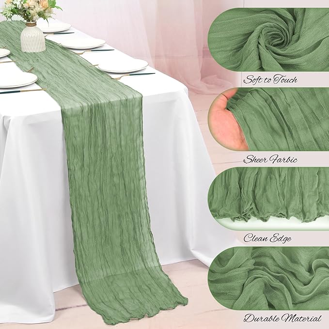 12 Pack Sage Green Cheesecloth Table Runner 10FT Boho Gauze Cheese Cloth Table Runner Rustic Sheer Fabric Table Runners for Wedding Bridal Shower Baby Shower Party(21.5×120 Inch)