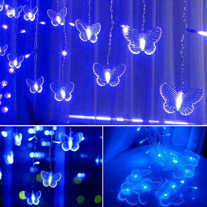 Blue Butterfly Curtain Fairy Lights USB Plug in,120 LED 8 Modes 20FT Firefly Twinkle Icicle String Lights with Remote Timer Waterproof for Bedroom Christmas Wedding Party Dorm Decor