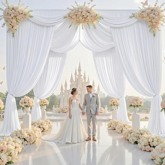 40x14ft White Backdrop Curtains for Wedding Party, 8 Panels 14 ft Long Back Drop Cloth, Wrinkle-Free Polyester Drapes for Birthday, Baby Shower, Stage Photography Background