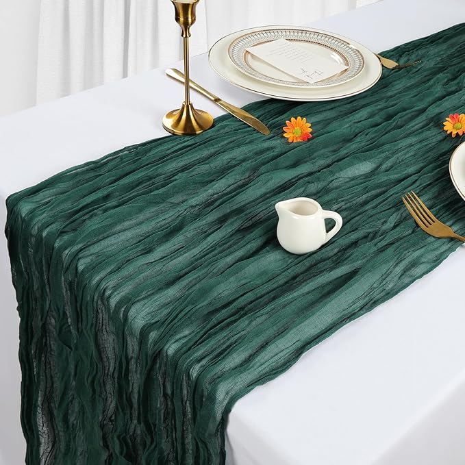 12 Pack Emerald Green Cheesecloth Table Runner 10Ft Gauze Cheese Cloth Table Runner 35x120 Inch Boho Sheer Rustic Fabric for Party Decor Baby Shower Wedding Home Holiday Decorations