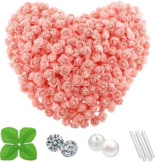 500 Pcs 1.4 Inch Mini Artificial Flowers Head Bulk 5 in 1 Set Faux Foam Fake Small Rose Tiny Baby Flores Bouquet Cake Gift Home Decoration DIY Craft (Peach, Blush)